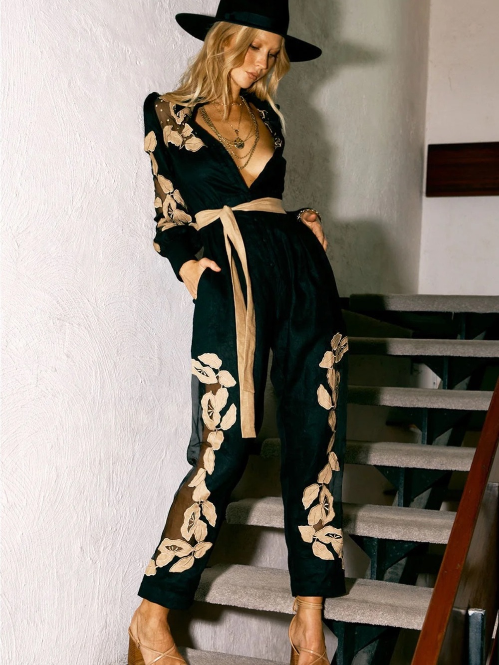 Rocks Off Linen + Organaza Jumpsuit with Floral Appliqués